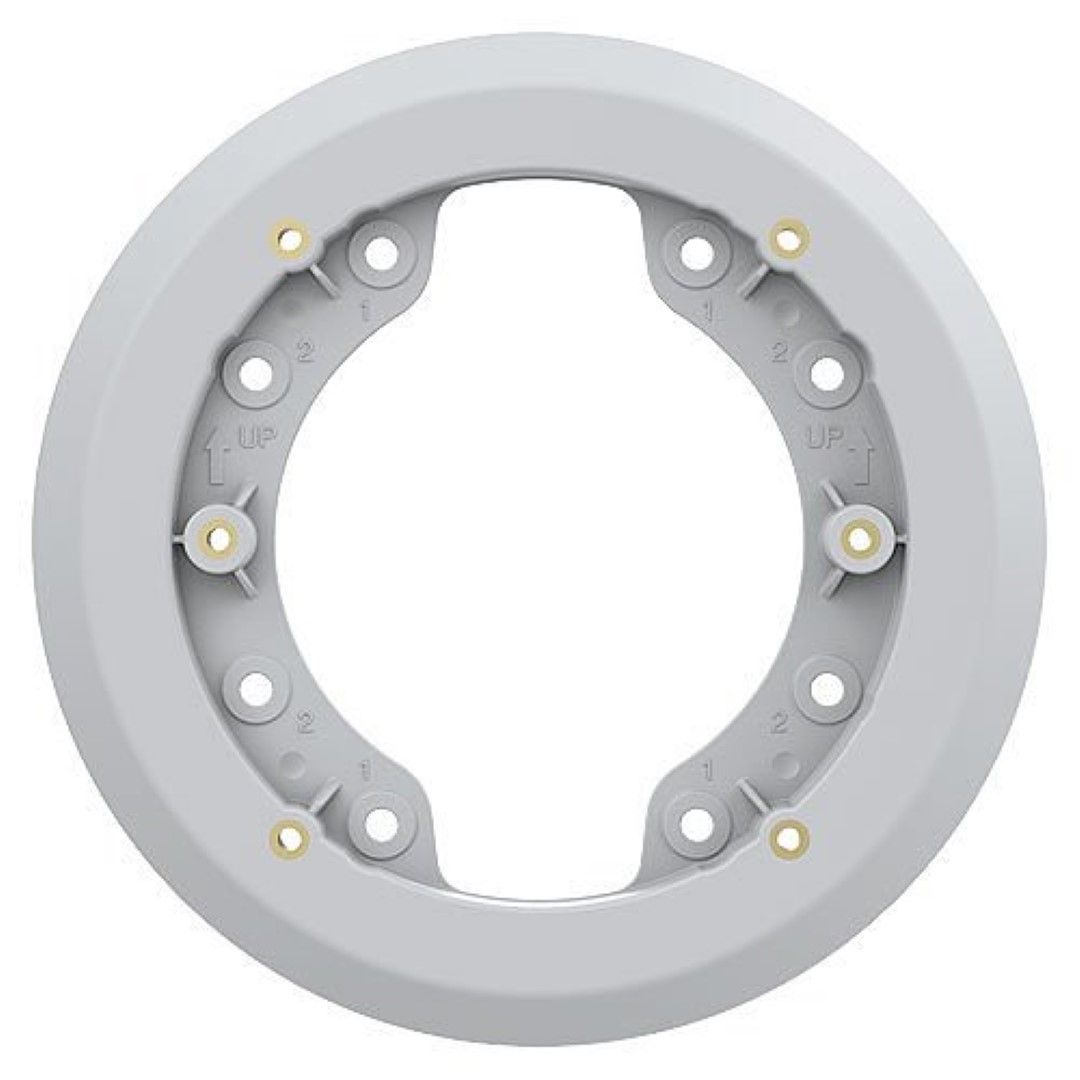 Ronde, lichtgrijze Axis TP1601 adapterplaat met montagegaten en 'UP'-markeringen voor Axis P14/M42 camera-installaties.