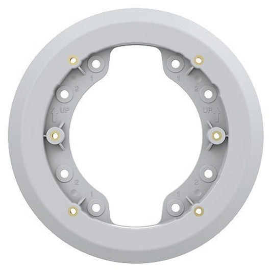 Ronde, lichtgrijze Axis TP1601 adapterplaat met montagegaten en 'UP'-markeringen voor Axis P14/M42 camera-installaties.