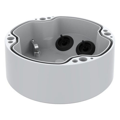 Witte Axis TP1602-E kabeldoos voor buitencamera's met extra diepe behuizing, rubberen afdichtingen en montagegaten.
