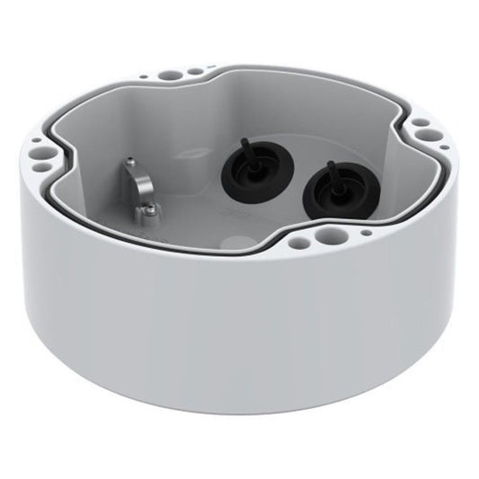 Witte Axis TP1602-E kabeldoos voor buitencamera's met extra diepe behuizing, rubberen afdichtingen en montagegaten.
