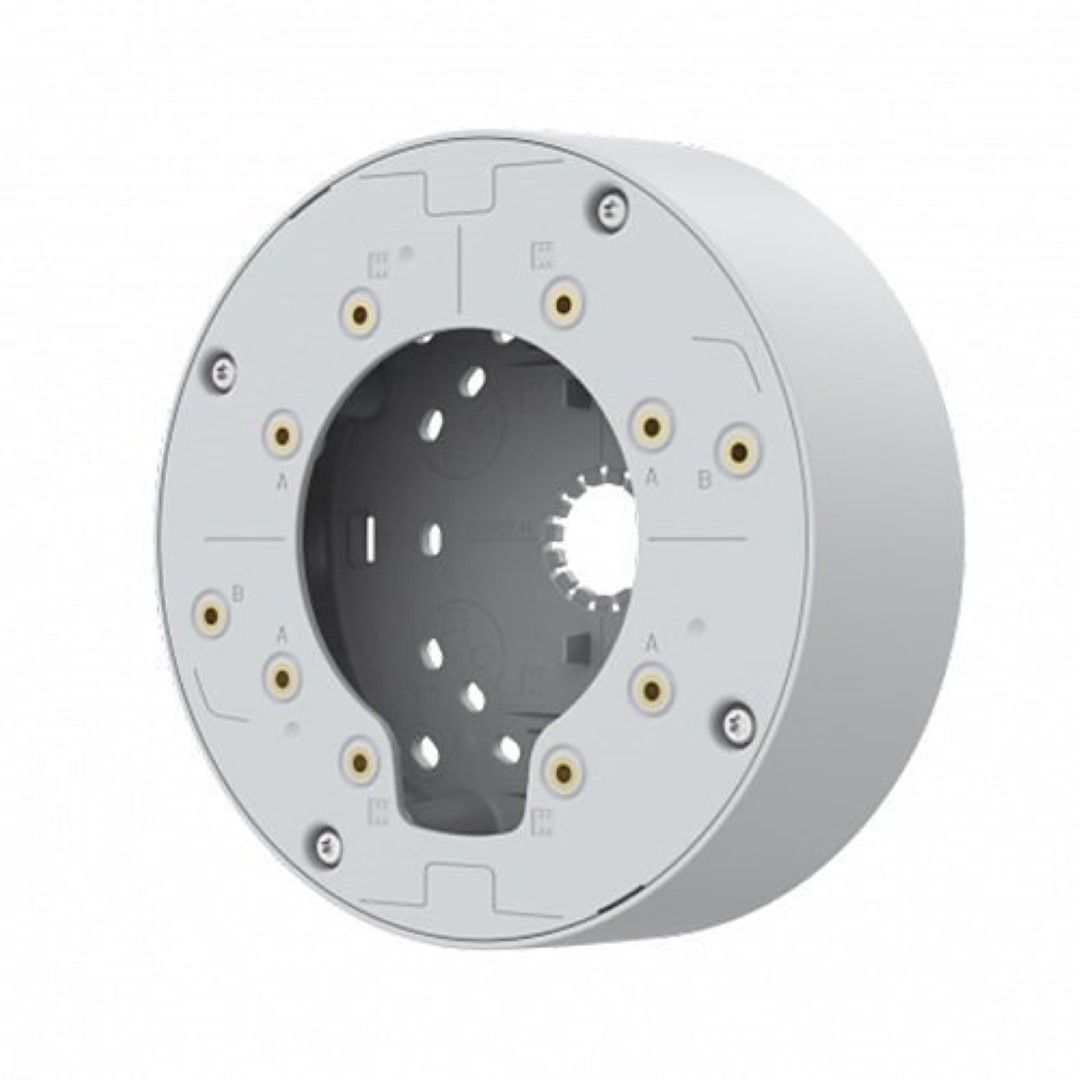 Witte Axis TP3603 kabeldoos met ronde behuizing, montagepunten en kabelinvoeringen voor camera-installaties.