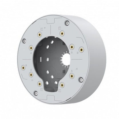 Witte Axis TP3603 kabeldoos met ronde behuizing, montagepunten en kabelinvoeringen voor camera-installaties.