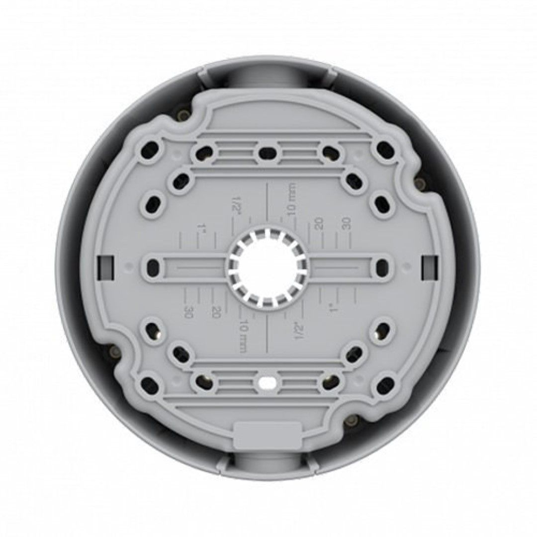 Grijze Axis TP3603 kabeldoos met ronde behuizing, montageplaat en diverse kabelinvoeringen voor installatiegemak.