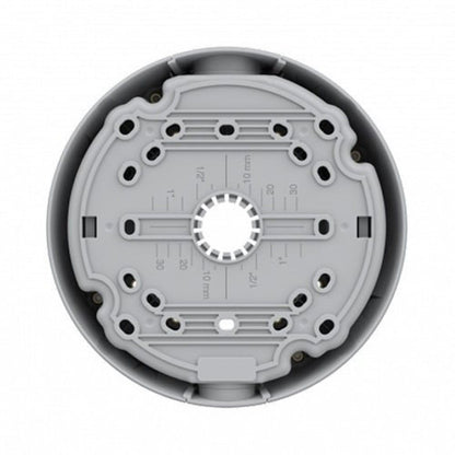 Grijze Axis TP3603 kabeldoos met ronde behuizing, montageplaat en diverse kabelinvoeringen voor installatiegemak.