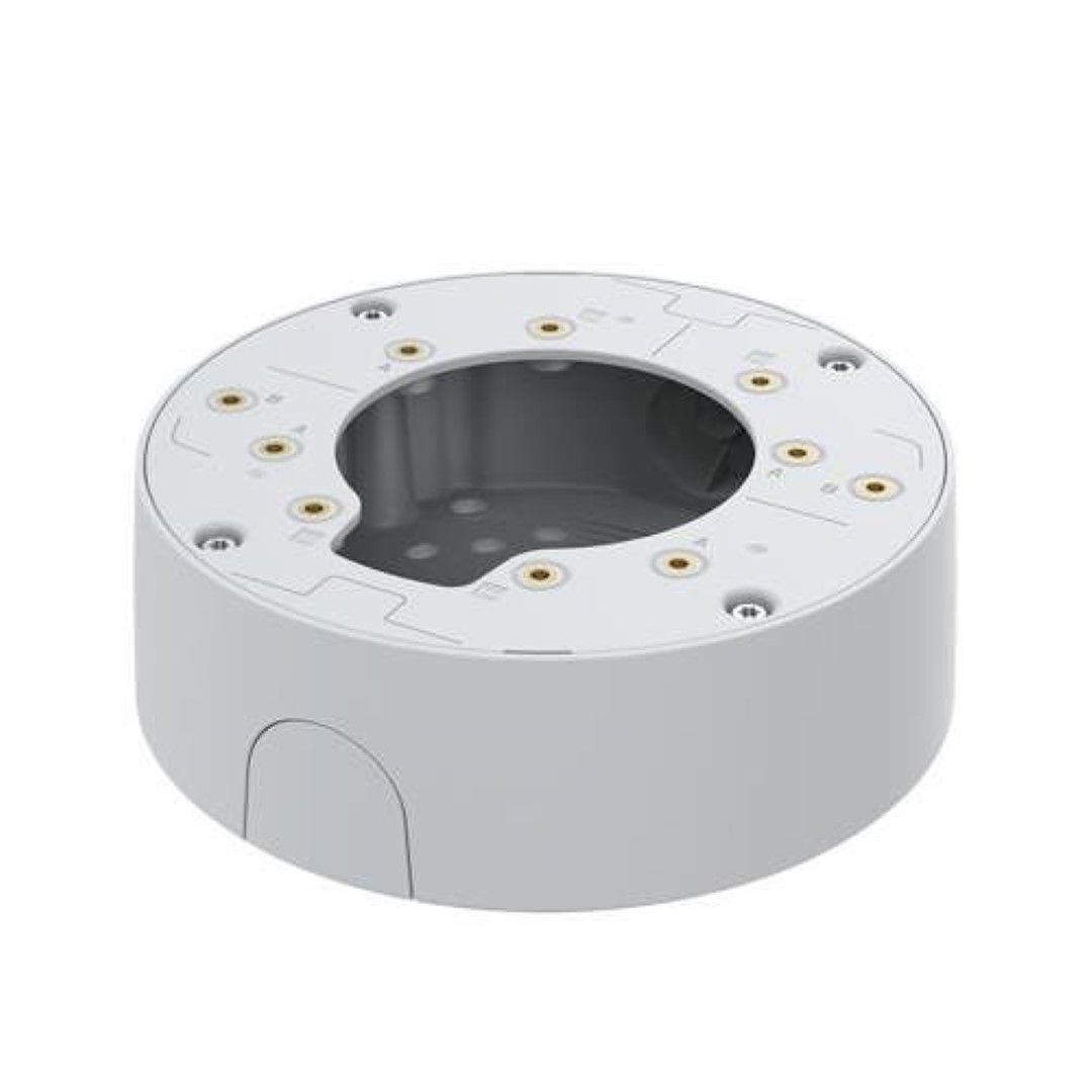 Witte Axis TP3603 kabeldoos met ronde behuizing, montagegaten en kabelinvoeringen voor professionele installaties.