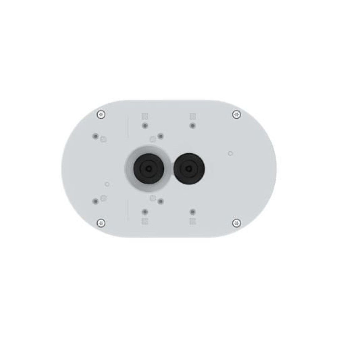 Witte Axis TP4601-E kabeldoos met ovale vorm, schroefbevestigingen en twee centrale kabeldoorvoeren voor buitenmontage.