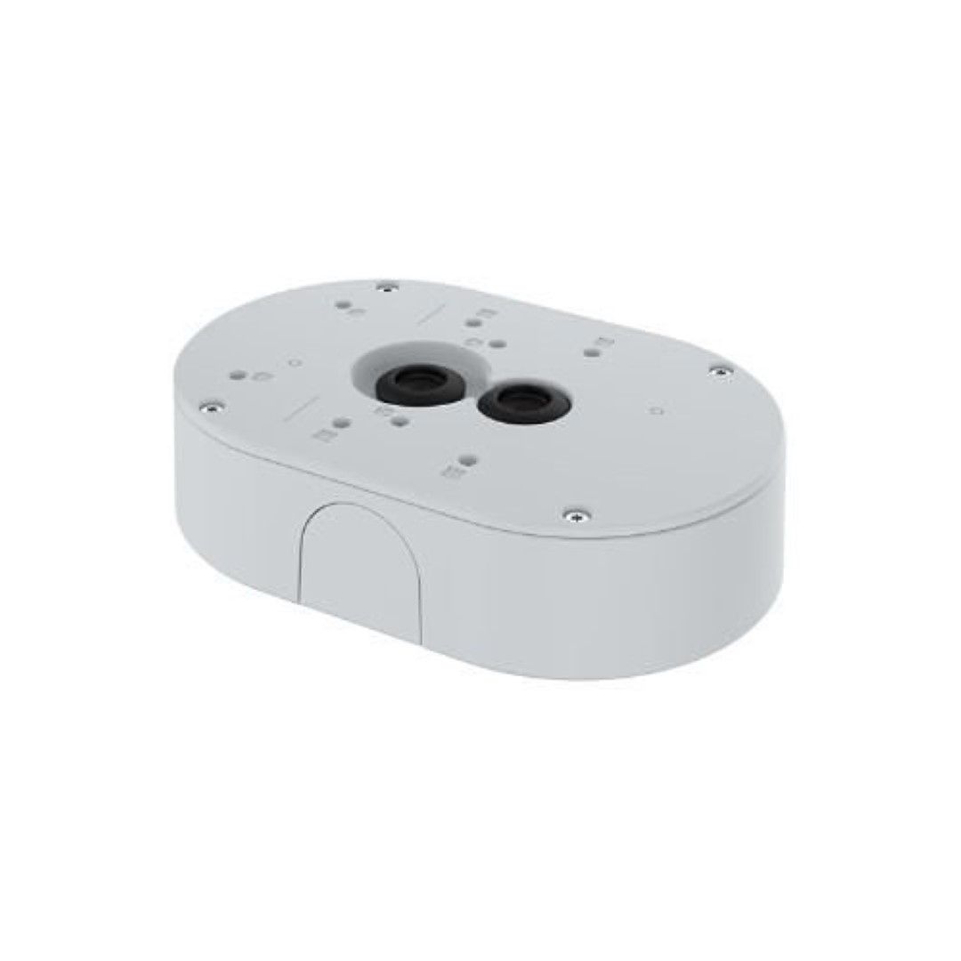 Witte Axis TP4601-E kabeldoos met ovale behuizing, kabelinterfaces en robuust ontwerp voor buiteninstallaties.