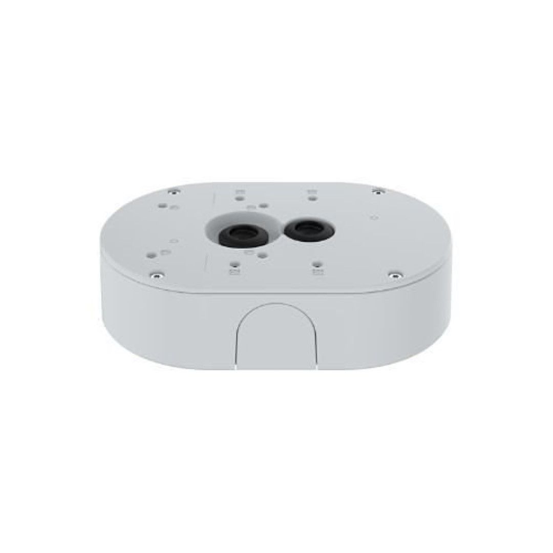 Witte, slagvaste Axis TP4601-E kabeldoos met IP66/67-certificering en ronde kabelinterfaces voor buitenmontage.