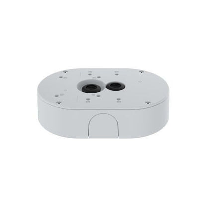 Witte, slagvaste Axis TP4601-E kabeldoos met IP66/67-certificering en ronde kabelinterfaces voor buitenmontage.