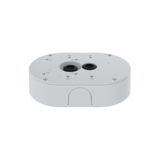 Witte, slagvaste Axis TP4601-E kabeldoos met IP66/67-certificering en ronde kabelinterfaces voor buitenmontage.