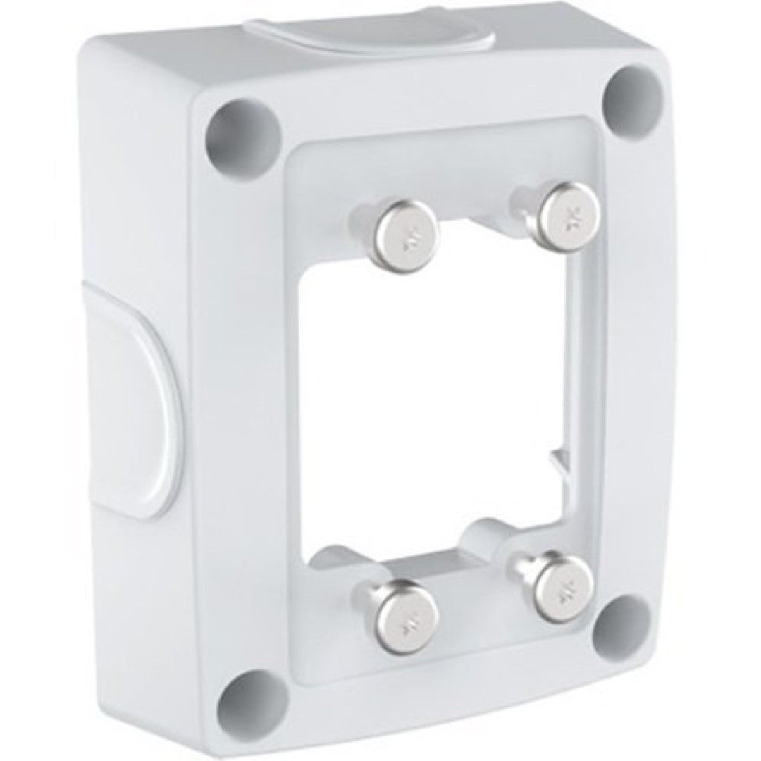 Witte Axis TQ1601-E aluminium kabeldoos met corrosiebestendige coating, montagegaten en vier metalen schroeven.