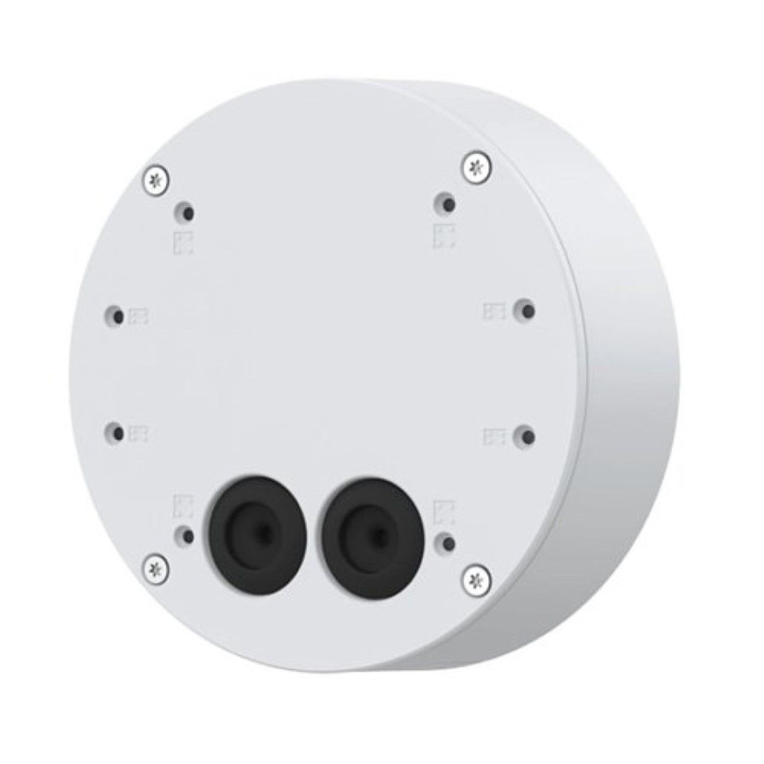 Witte, ronde Axis TQ1602-E kabeldoos met twee zwarte kabeldoorvoeren en schroefgaten voor bulletcamera-montage.