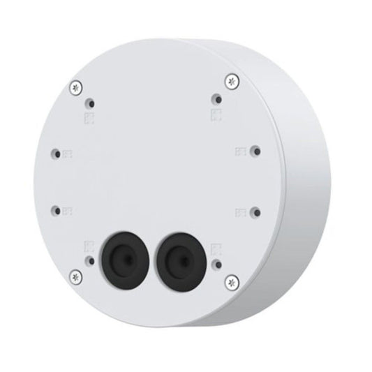 Witte, ronde Axis TQ1602-E kabeldoos met twee zwarte kabeldoorvoeren en schroefgaten voor bulletcamera-montage.