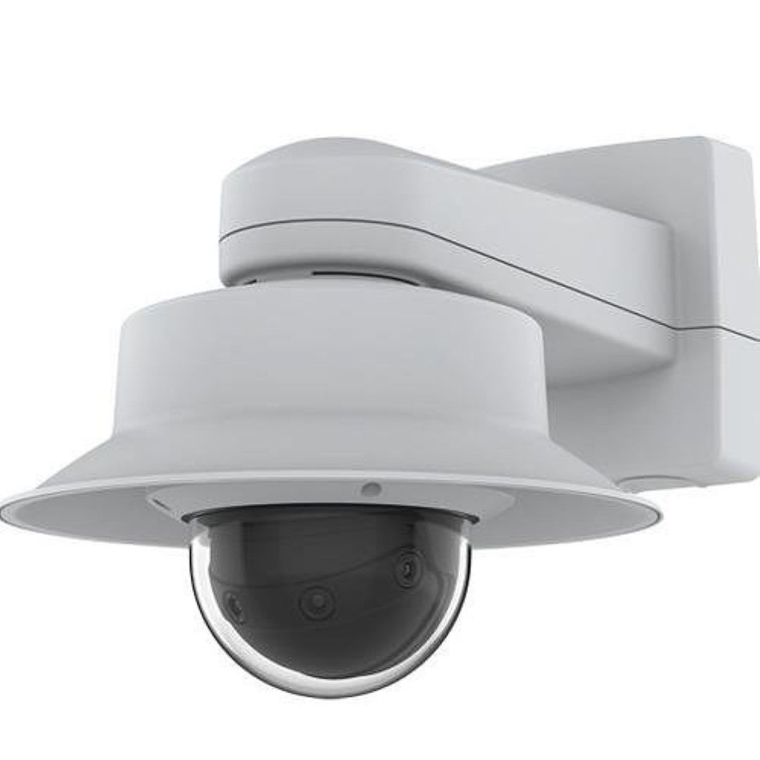 Witte Axis TQ3101-E hangende montageset voor buiten met weerbestendige kap en koepelvormige beveiligingscamera.