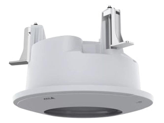 Witte Axis TQ3204-E inbouwbeugel voor discrete plafondmontage van Axis IP-camera's met metalen bevestigingsklemmen.