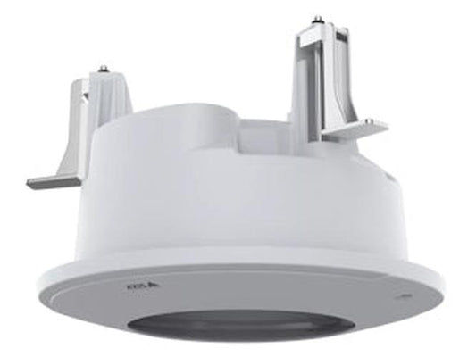 Witte Axis TQ3204-E inbouwbeugel voor discrete plafondmontage van Axis IP-camera's met metalen bevestigingsklemmen.