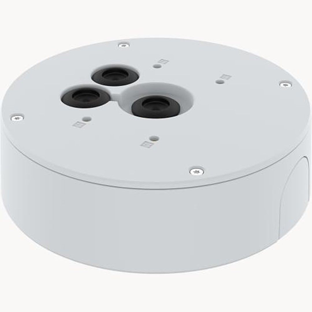 Witte Axis TQ3601-E slagvaste kabeldoos voor camera's met drie kabeldoorvoeren en een robuust rond ontwerp.