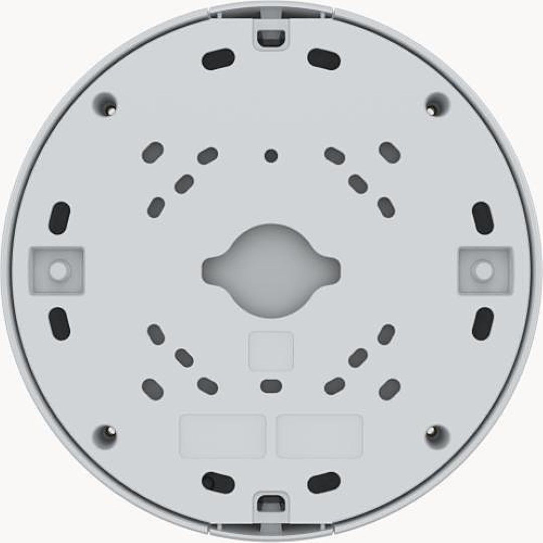 Witte, ronde Axis TQ3601-E kabeldoos met montagegaten en kabelinterfaces voor camera's van 184-198 mm.