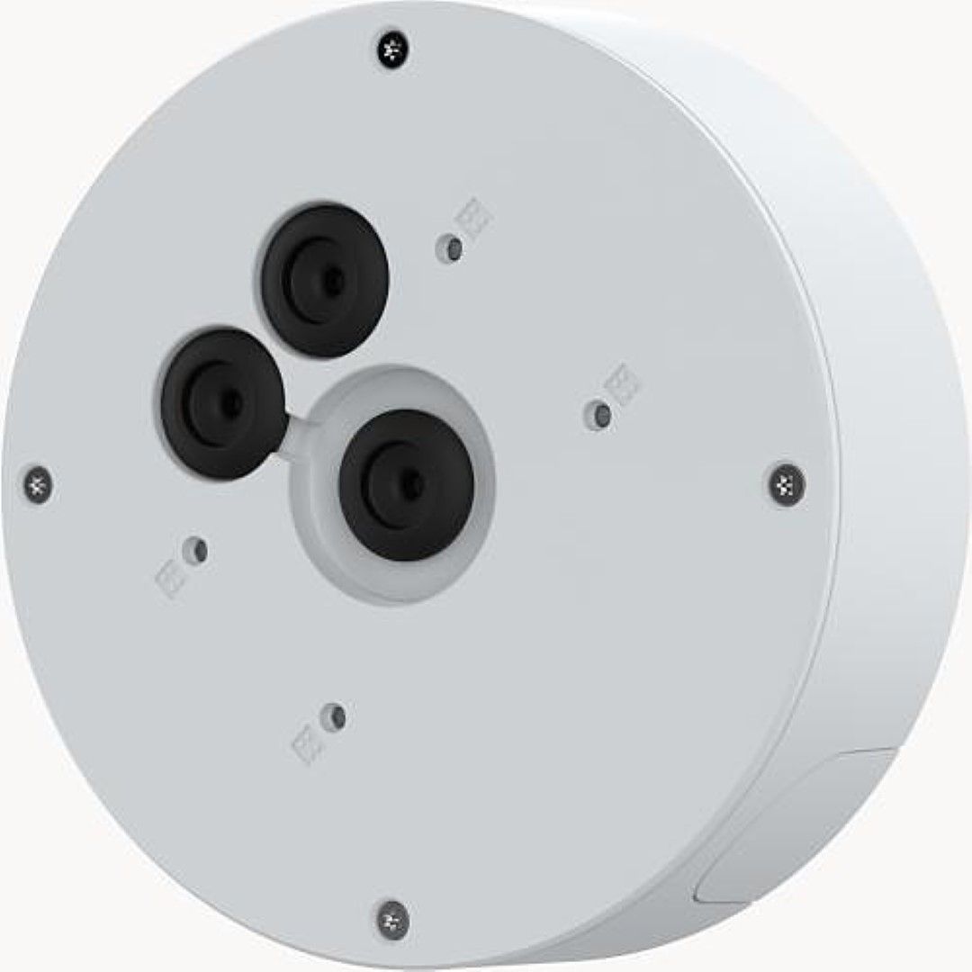 Witte, ronde Axis TQ3601-E kabeldoos met drie zwarte kabeldoorvoeren en slagvaste behuizing voor netwerkcamera's.