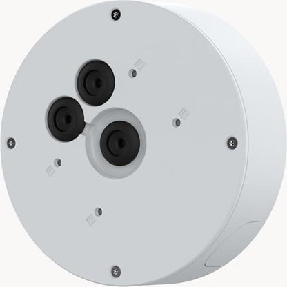 Witte, ronde Axis TQ3601-E kabeldoos met drie zwarte kabeldoorvoeren en slagvaste behuizing voor netwerkcamera's.