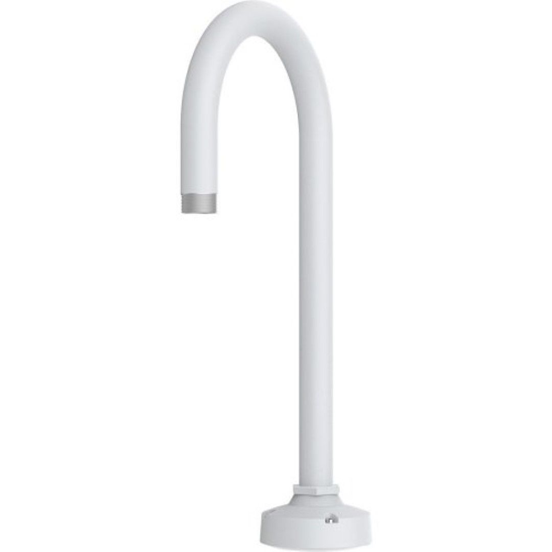 Witte Axis TQ6501-E aluminium borstweringmontage met gebogen arm en ronde montagevoet voor buitenbeveiligingscamera's.