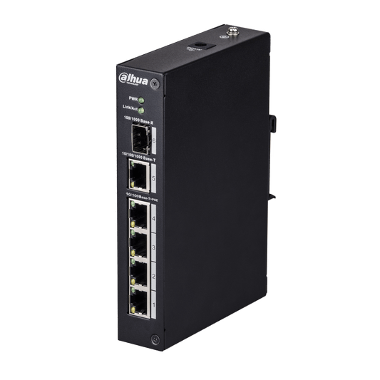 Zwarte Dahua 4-poorts PoE-switch met metalen behuizing, statuslampjes en diverse netwerkaansluitingen.