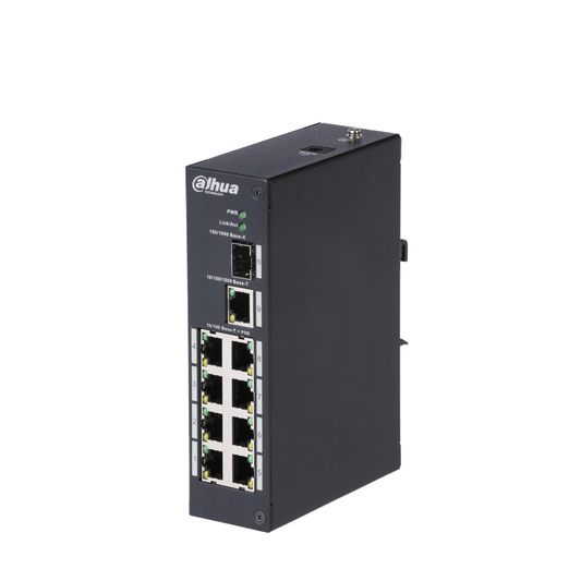 Zwarte Dahua 8-poorts PoE-switch met metalen behuizing, 8 PoE-poorten en 2 uplink-poorten voor netwerkcamera's.