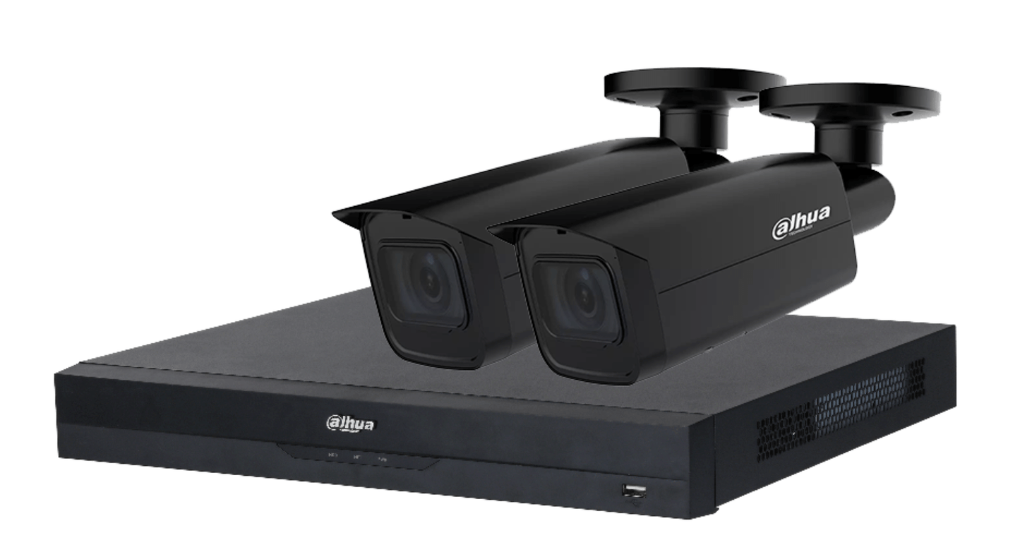 Dahua 4K beveiligingsset met zwarte NVR en twee zwarte bullet camera's voor professionele videobewaking.
