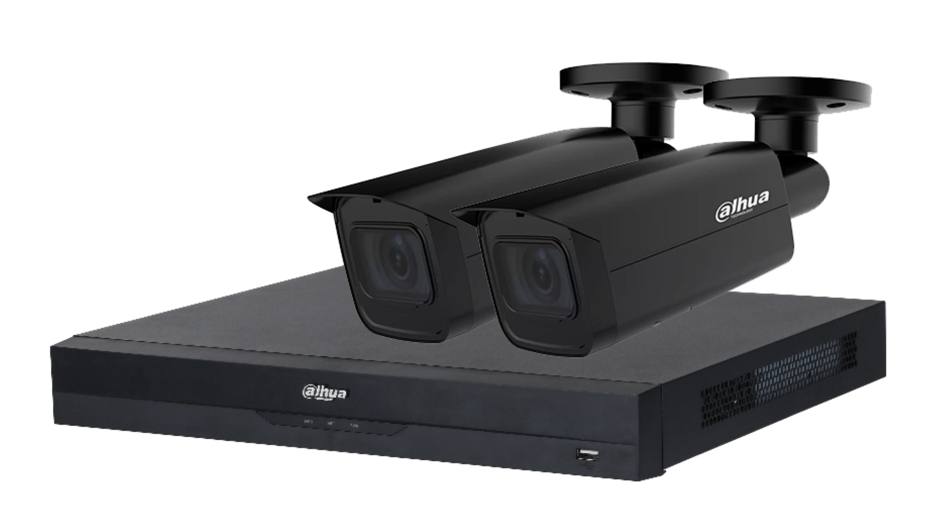 Dahua 4K beveiligingsset met zwarte NVR en twee zwarte bullet camera's voor professionele videobewaking.