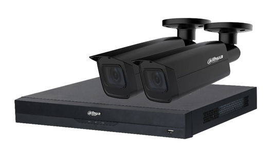 Dahua 4K beveiligingsset met zwarte NVR en twee zwarte bullet camera's voor professionele videobewaking.