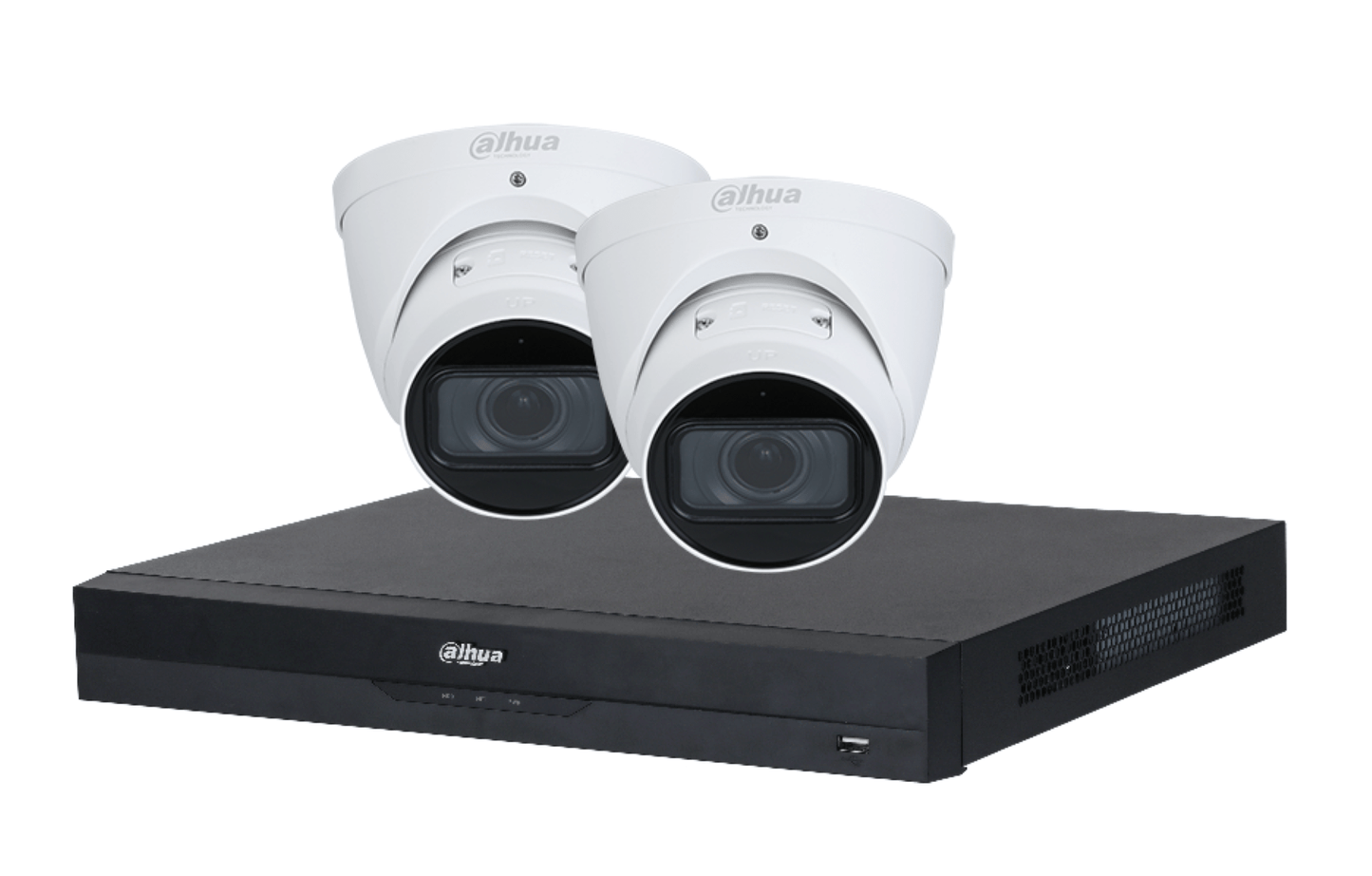 Dahua 4K cameraset met twee witte turret camera's en een zwarte 8-kanaals PoE NVR recorder.