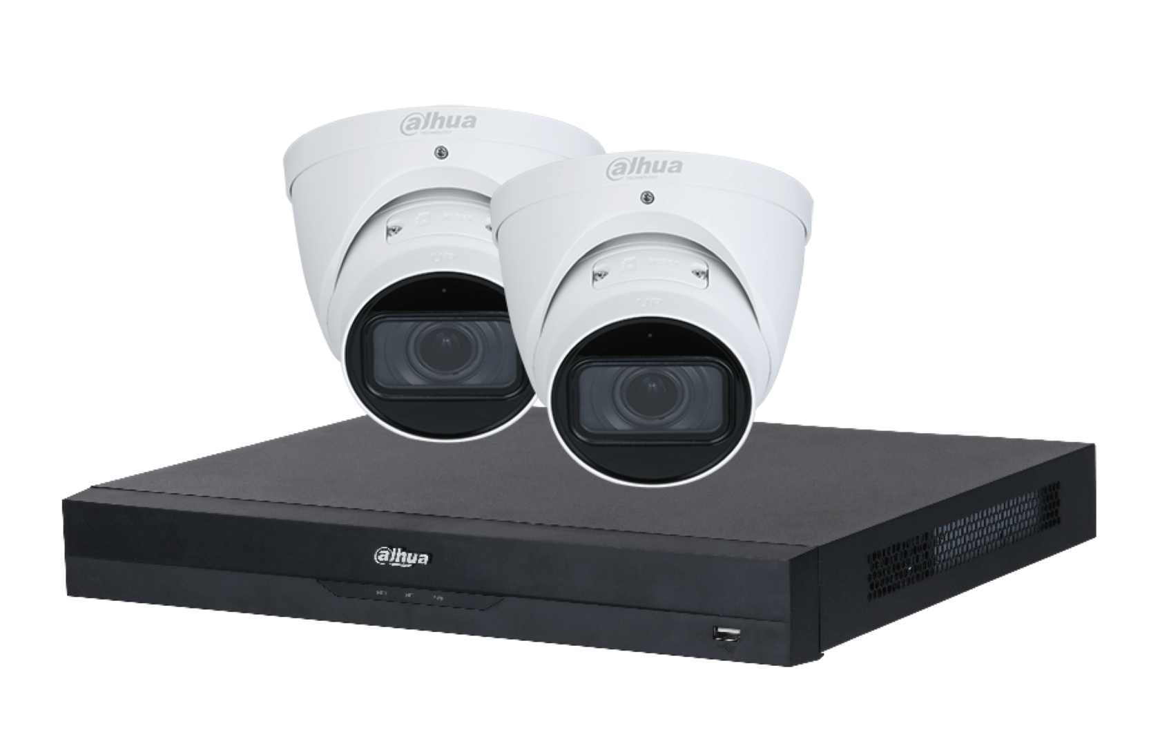 Dahua 4K cameraset met twee witte turret camera's en een zwarte 8-kanaals PoE NVR recorder.