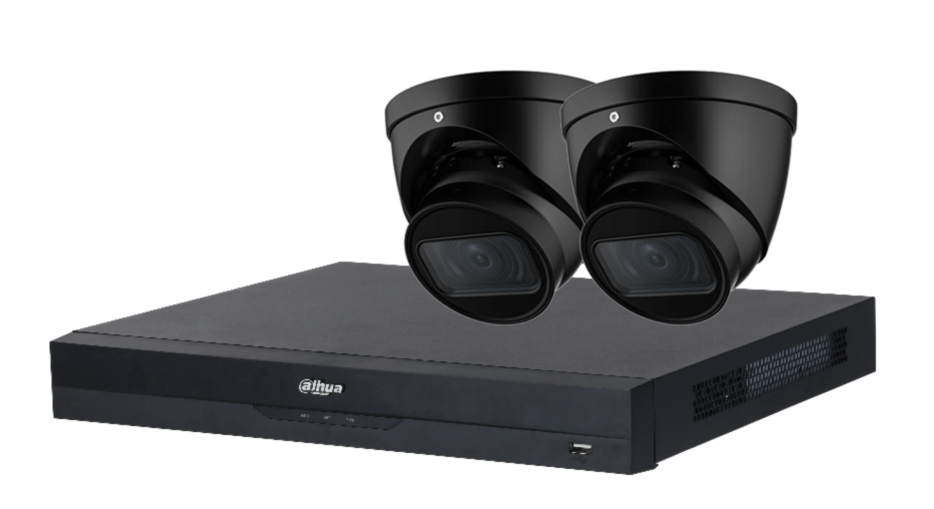 Zwarte Dahua 4K cameraset met 8-kanaals NVR en twee turret beveiligingscamera's.
