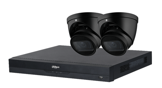 Zwarte Dahua 4K cameraset met 8-kanaals NVR en twee turret beveiligingscamera's.