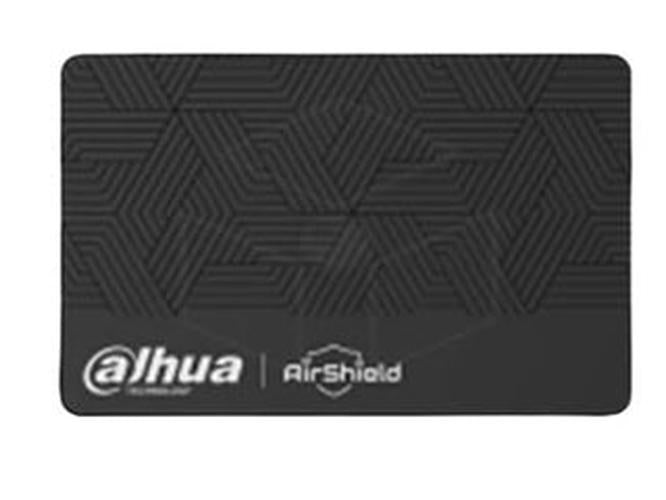 Zwarte Dahua AirShield DESFire RFID-kaart met geometrisch patroon en wit logo voor alarmsystemen.