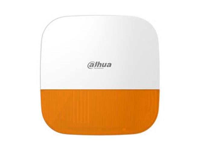 Witte Dahua AirShield draadloze buitensirene met oranje flitslicht en strak, vierkant design voor alarmsystemen.