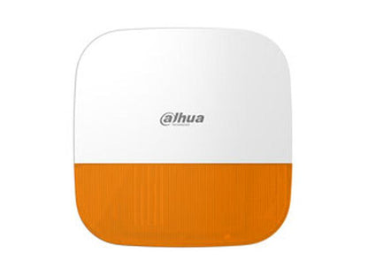 Witte Dahua AirShield draadloze buitensirene met oranje flitslicht en strak, vierkant design voor alarmsystemen.