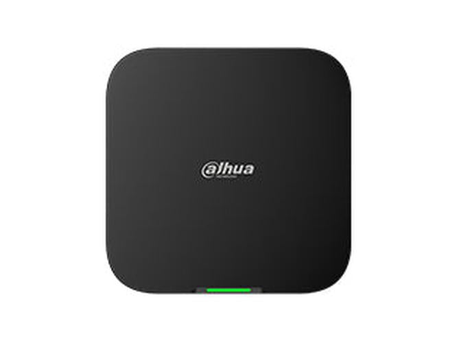Zwarte Dahua AirShield Hub 2 alarmsysteem centrale met vierkant design en groen statuslampje.