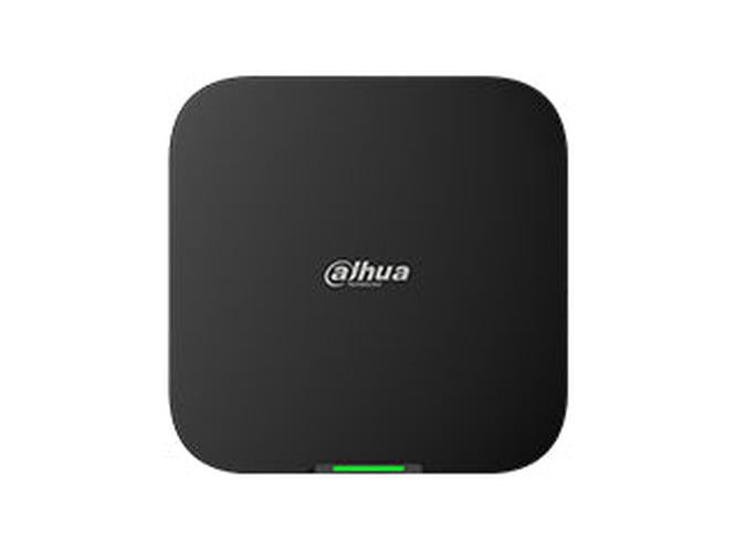 Zwarte Dahua AirShield Hub 2 alarmcentrale met strak vierkant design en groen statuslampje aan de onderzijde.