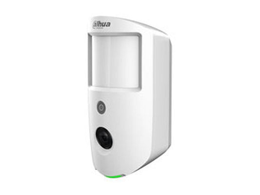 Witte Dahua AirShield draadloze PIR-bewegingsdetector met geïntegreerde camera voor foto-verificatie.