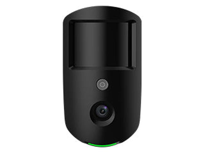 Zwarte Dahua AirShield draadloze PIR-bewegingsdetector met geïntegreerde camera voor foto-verificatie.