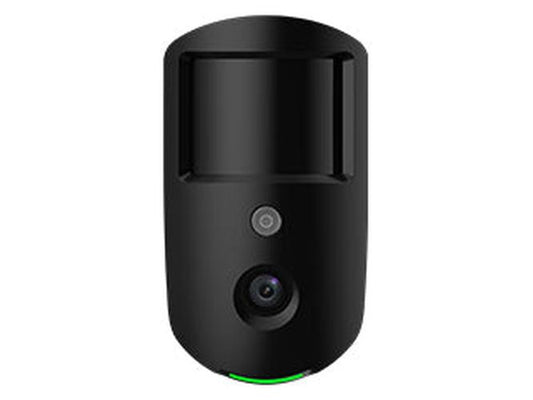 Zwarte Dahua AirShield draadloze PIR-bewegingsdetector met geïntegreerde camera voor foto-verificatie.
