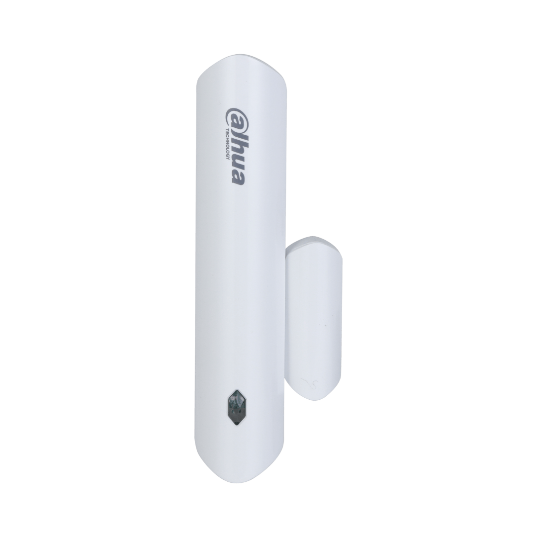 Compacte witte Dahua ARD323-W2 draadloze deurdetector met strak design en Dahua logo op een witte achtergrond.
