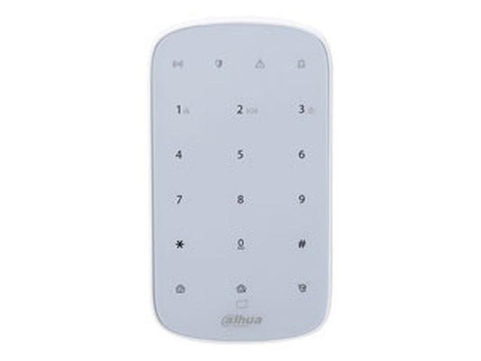 Wit Dahua AirShield draadloos touchscreen bedienpaneel met numeriek toetsenbord voor alarmsystemen.