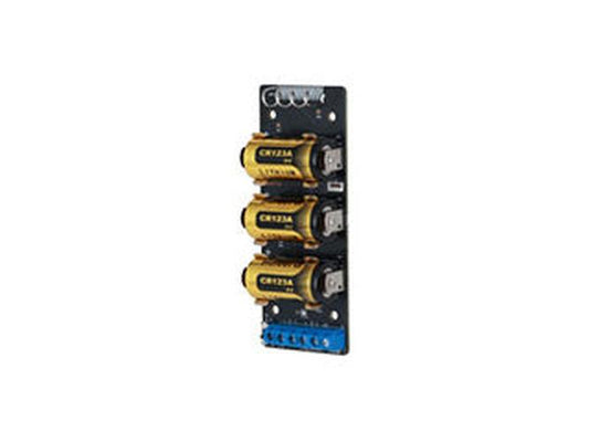 Dahua ARM320-W2 draadloze 2-zone transmitter printplaat met drie CR123A batterijen en blauwe aansluitklemmen.