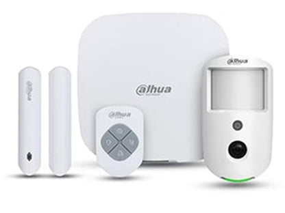 Witte Dahua draadloze alarm starterskit met Hub 2, PIRcam-detector, magneetcontact en keyfob.