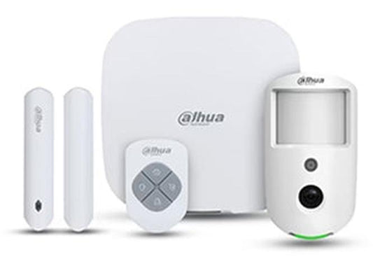 Witte Dahua draadloze alarm starterskit met Hub 2, PIRcam-detector, magneetcontact en keyfob.