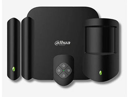 Zwarte Dahua draadloze alarmsysteem starterskit met Hub 2, PIRcam-detector, magneetcontact en keyfob.
