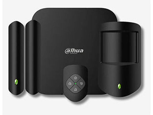 Zwarte Dahua draadloze alarmsysteem starterskit met Hub 2, PIRcam-detector, magneetcontact en keyfob.