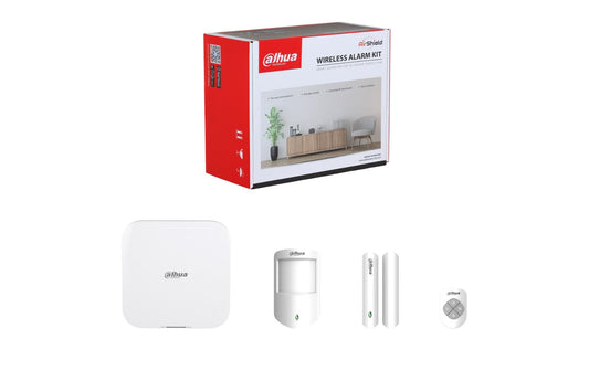Dahua draadloze alarm starterskit met witte Hub 2, PIR-detector, magneetcontact en keyfob in verpakking.